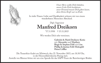 Traueranzeige von Manfred Dreikorn von Süddeutsche Zeitung