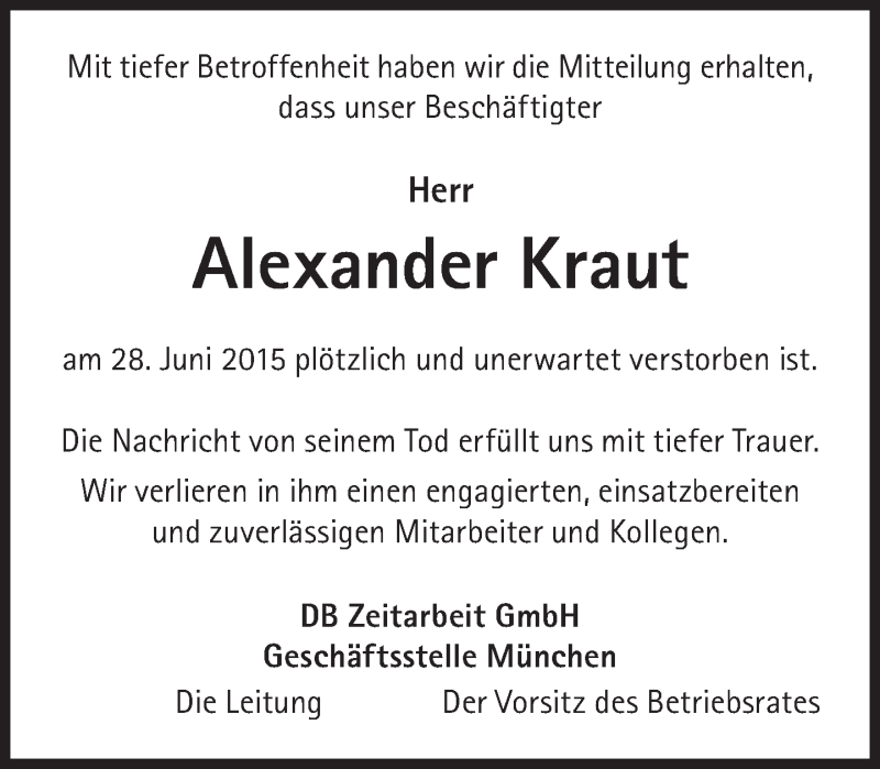  Traueranzeige für Alexander Kraut vom 11.07.2015 aus Süddeutsche Zeitung