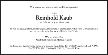 Traueranzeige von Reinhold Kaub von Süddeutsche Zeitung