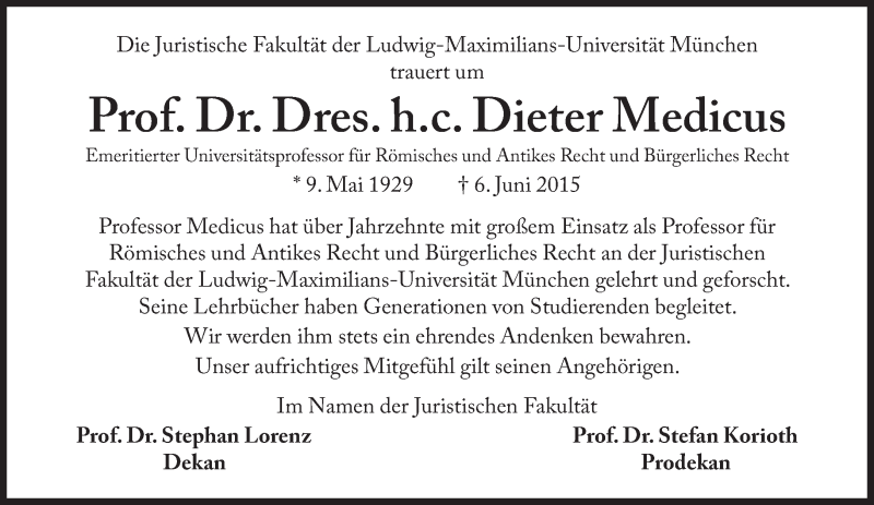  Traueranzeige für Dieter Medicus vom 13.06.2015 aus Süddeutsche Zeitung