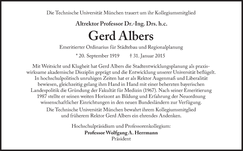  Traueranzeige für Gerd Albers vom 11.02.2015 aus Süddeutsche Zeitung