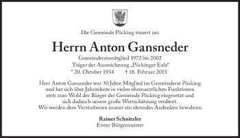 Traueranzeige von Anton Gansneder von Süddeutsche Zeitung
