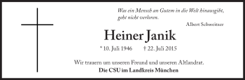 Traueranzeige von Heiner Janik von Süddeutsche Zeitung