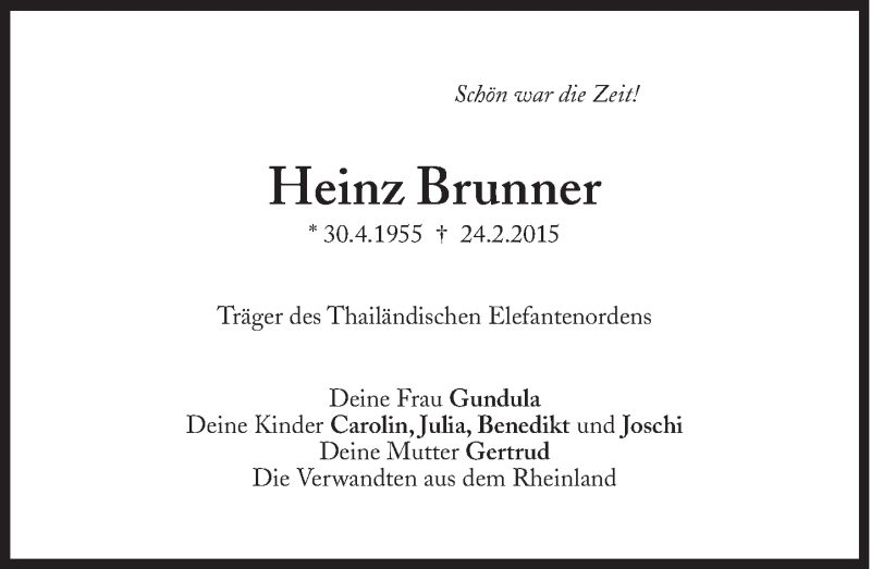  Traueranzeige für Heinz Brunner vom 03.03.2015 aus Süddeutsche Zeitung