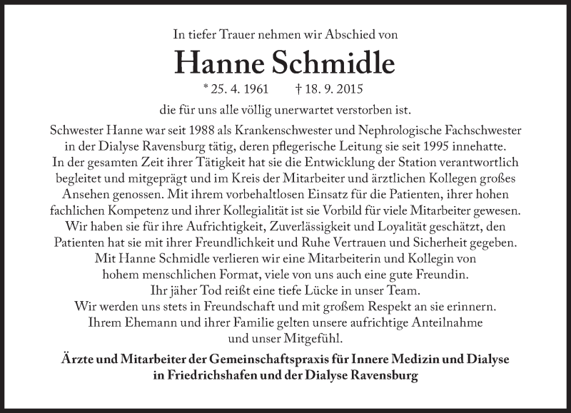  Traueranzeige für Hanne Schmidle vom 23.09.2015 aus Süddeutsche Zeitung