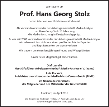 Traueranzeige von Hans Georg Stolz von Süddeutsche Zeitung