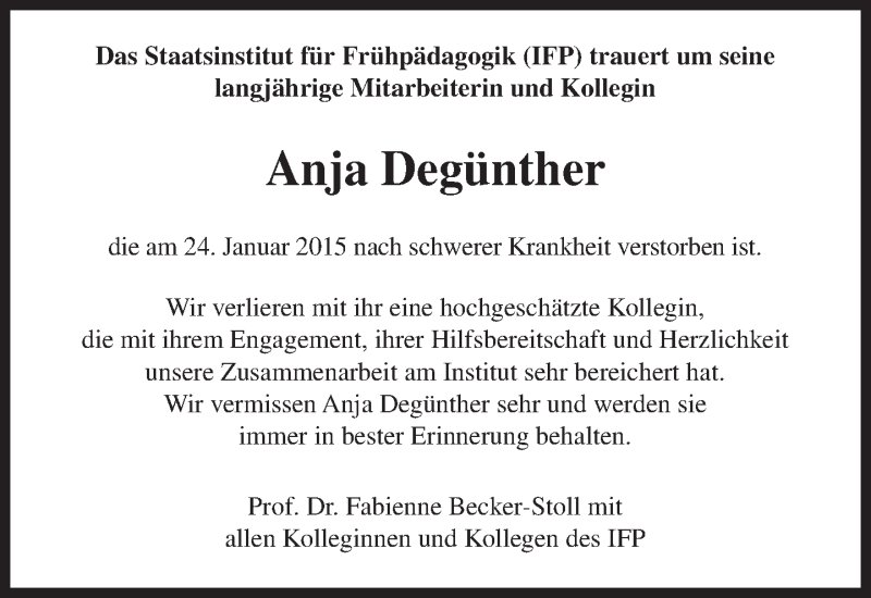  Traueranzeige für Anja Degünther vom 31.01.2015 aus Süddeutsche Zeitung