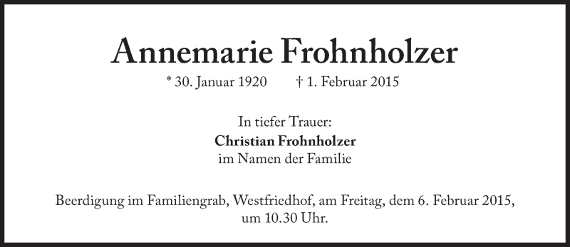  Traueranzeige für Annemarie Frohnholzer vom 04.02.2015 aus Süddeutsche Zeitung