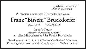 Traueranzeige von Franz Bruckdorfer von Süddeutsche Zeitung