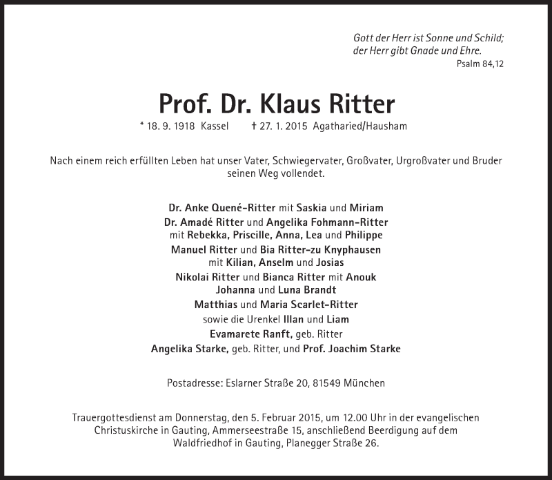  Traueranzeige für Klaus Ritter vom 03.02.2015 aus Süddeutsche Zeitung