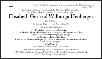 Traueranzeige von Elisabeht Gertrud Walburga Heuberger von Süddeutsche Zeitung