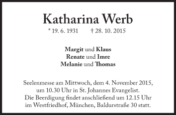 Traueranzeige von Katharina Werb von Süddeutsche Zeitung