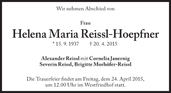 Traueranzeige von Helena Maria Reissl-Hoepfner von Süddeutsche Zeitung