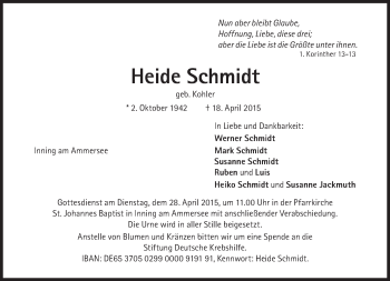 Traueranzeige von Heide Schmidt von Süddeutsche Zeitung