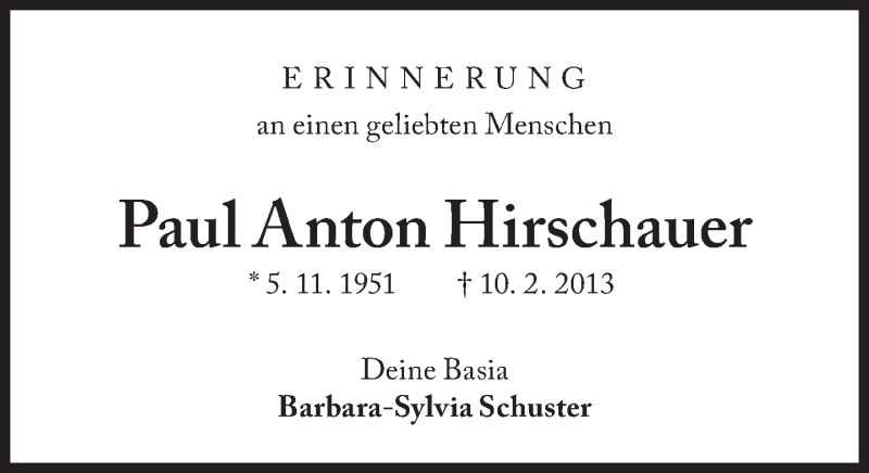  Traueranzeige für Paul Anton Hirschauer vom 10.02.2015 aus Süddeutsche Zeitung