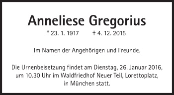 Traueranzeige von Anneliese Gregorius von Süddeutsche Zeitung