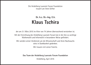Traueranzeige von Klaus Tschira von Süddeutsche Zeitung