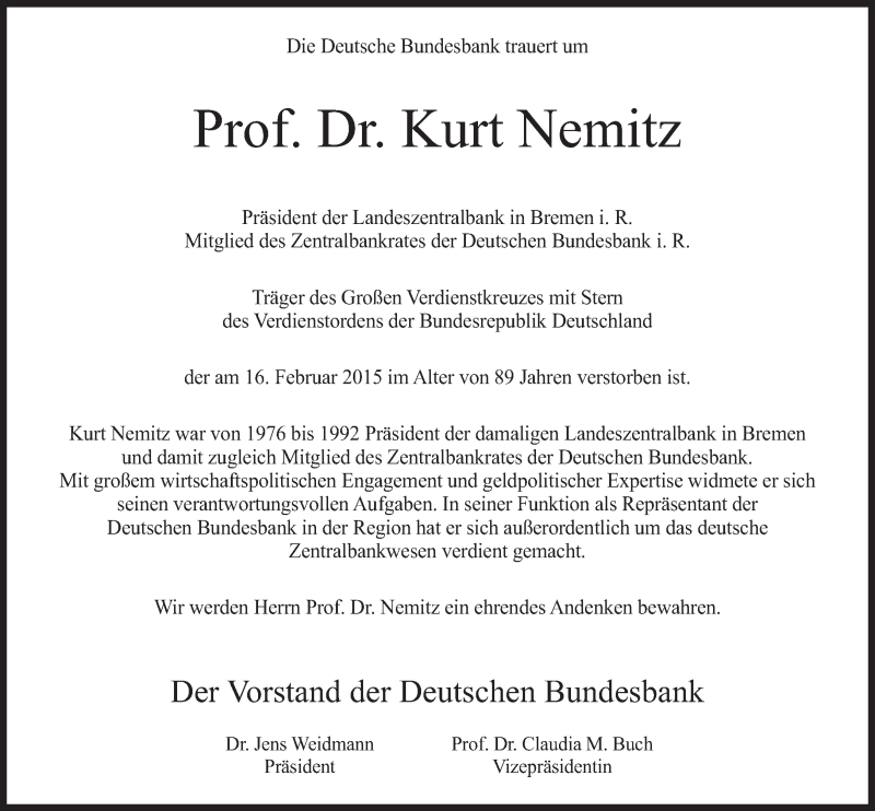  Traueranzeige für Kurt Nemitz vom 21.02.2015 aus Süddeutsche Zeitung