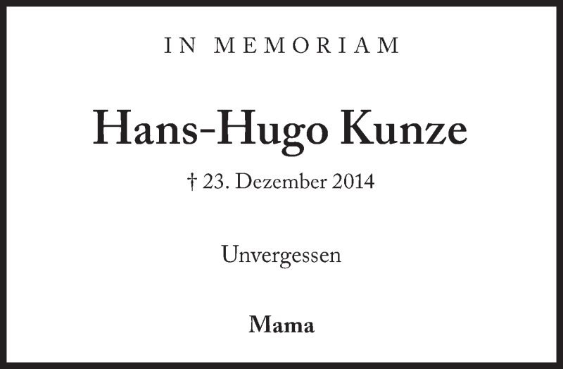  Traueranzeige für Hans-Hugo Kunze vom 23.12.2015 aus Süddeutsche Zeitung