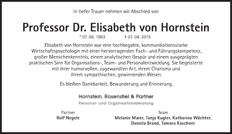  Traueranzeige für Elisabeth  von Hornstein vom 18.04.2015 aus Süddeutsche Zeitung