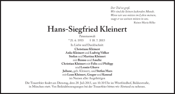 Traueranzeige von Hans-Siegfried Kleinert von Süddeutsche Zeitung