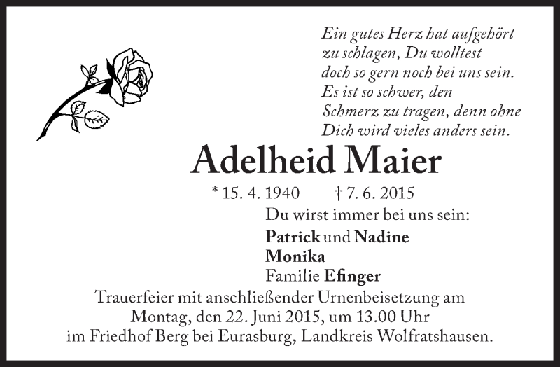  Traueranzeige für Adelheid Maier vom 17.06.2015 aus Süddeutsche Zeitung