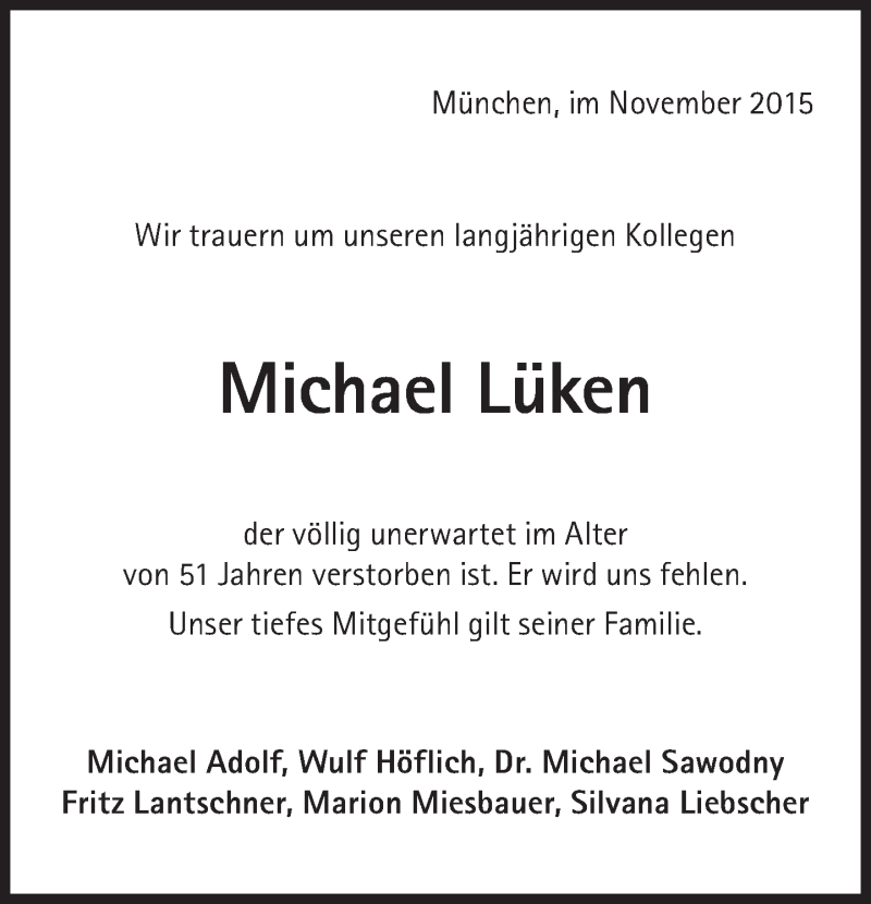  Traueranzeige für Michael Lüken vom 28.11.2015 aus Süddeutsche Zeitung