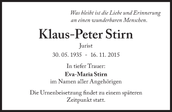 Traueranzeige von Klaus-Peter Stirn von Süddeutsche Zeitung