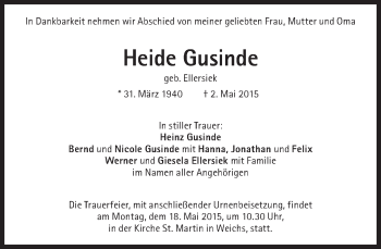 Traueranzeige von Heide Gusinde von Süddeutsche Zeitung