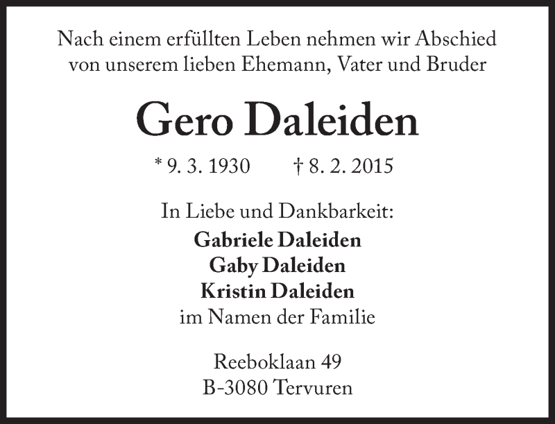  Traueranzeige für Gerold Daleiden vom 16.02.2015 aus Süddeutsche Zeitung