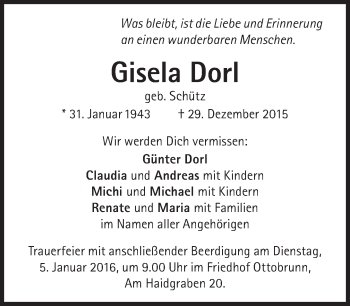 Traueranzeige von Gisela Dorl von Süddeutsche Zeitung