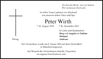 Traueranzeige von Peter Wirth von Süddeutsche Zeitung