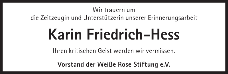  Traueranzeige für Karin Friedrich-Hess vom 05.12.2015 aus Süddeutsche Zeitung