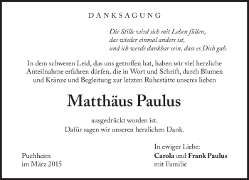 Traueranzeige von Matthäus Paulus von Süddeutsche Zeitung