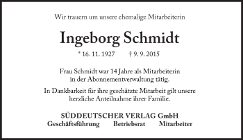 Traueranzeige von Ingeborg Schmidt von Süddeutsche Zeitung