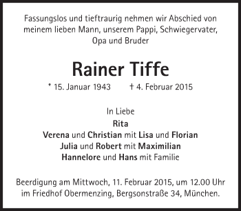 Traueranzeige von Rainer Tiffe von Süddeutsche Zeitung