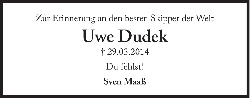  Traueranzeige für Uwe Dudek vom 28.03.2015 aus Süddeutsche Zeitung