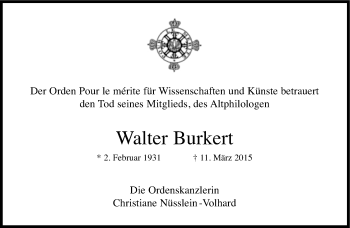 Traueranzeige von Walter Burkert von Süddeutsche Zeitung