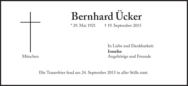  Traueranzeige für Bernhard Ücker vom 07.10.2015 aus Süddeutsche Zeitung