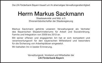 Traueranzeige von Markus Sackmann von Süddeutsche Zeitung