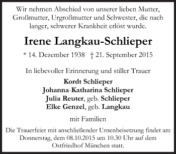 Traueranzeige von Irene Langkau-Schlieper von Süddeutsche Zeitung