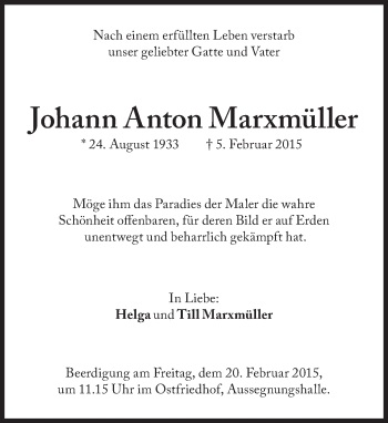 Traueranzeige von Johann Anton Marxmüller von Süddeutsche Zeitung