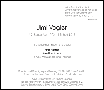 Traueranzeige von Jimi Vogler von Süddeutsche Zeitung