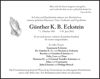 Traueranzeige von Günther Eckstein von Süddeutsche Zeitung