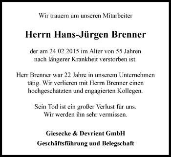 Traueranzeige von Hans-Jürgen Brenner von Süddeutsche Zeitung