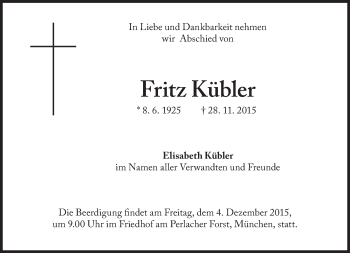 Traueranzeige von Fritz Kübler von Süddeutsche Zeitung
