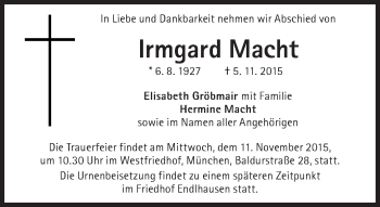 Traueranzeige von Irmgard Macht von Süddeutsche Zeitung