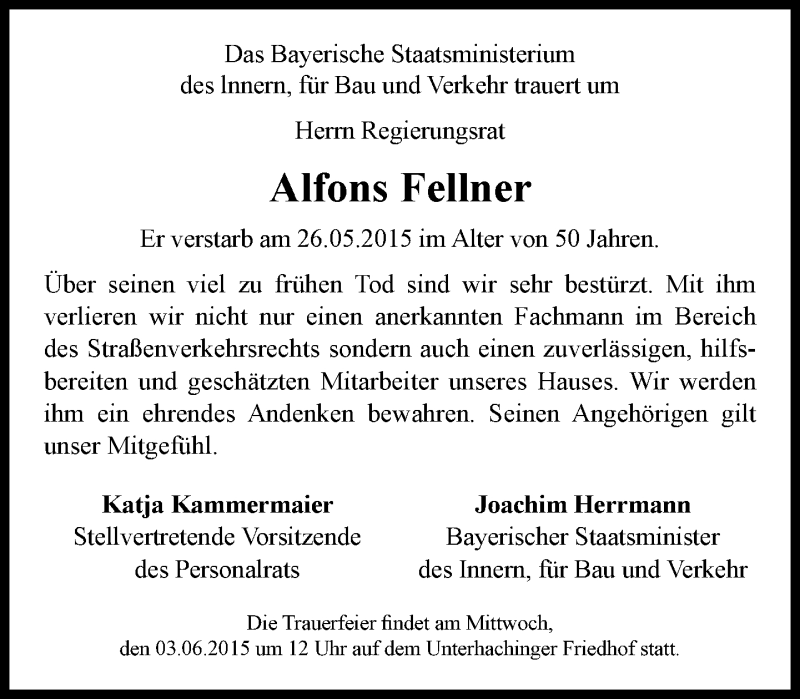  Traueranzeige für Alfons Fellner vom 01.06.2015 aus Süddeutsche Zeitung
