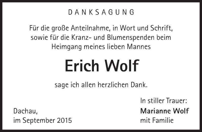  Traueranzeige für Erich Wolf vom 26.09.2015 aus Süddeutsche Zeitung