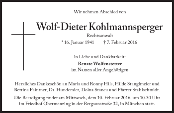 Traueranzeige von Wolf-Dieter Kohlmannsperger von Süddeutsche Zeitung